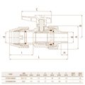 Кран кульовий 63 мм x 2 ЗР Unidelta 1072 — креслення та таблиця розмірів, мм