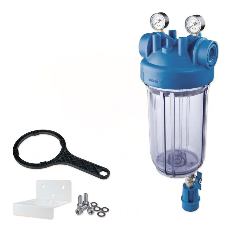 Фільтр-колба DP BIG S M TS (прозора) 1" IN (пластик) 10" 45°C 8,3 bar +2 манометра KIT