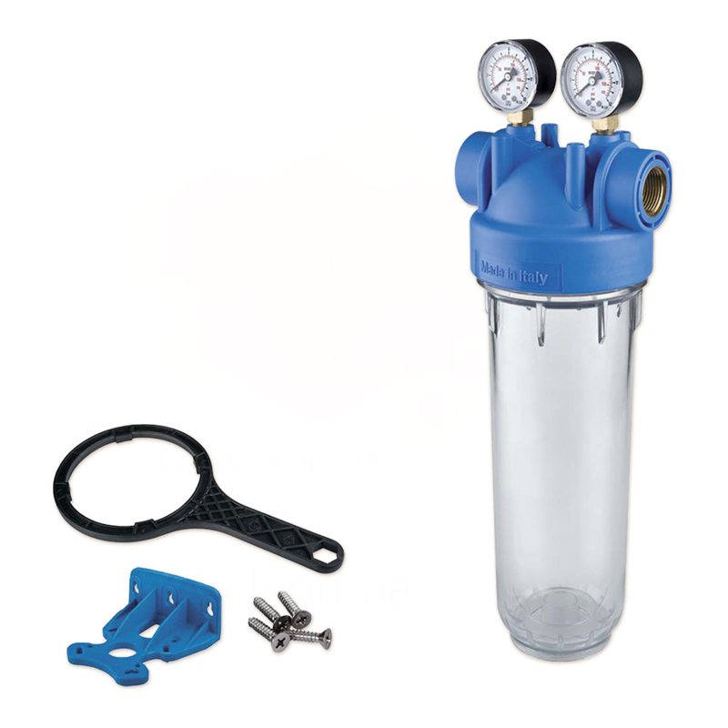 Фільтр-колба DP M MONO TS (прозора) 3/4" OT (латунь) 10" 45°C 8 bar + 2 манометри KIT